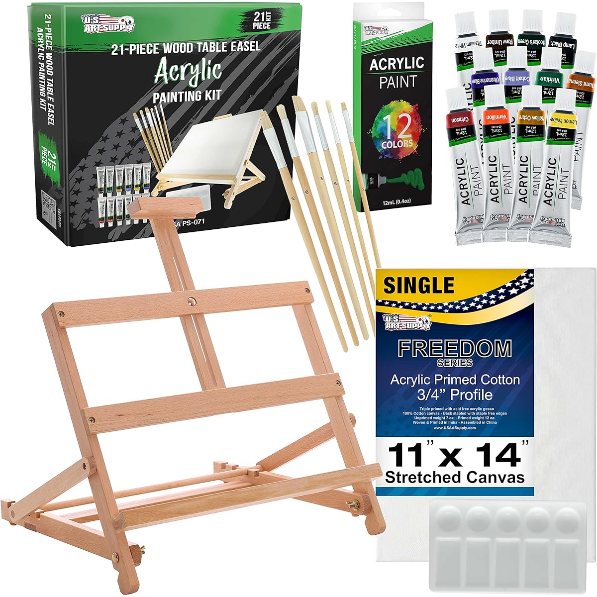 US Art Supply 21pc Acrylic Painting Table Easel Set with, Acrylic Paint, 11inch x 14inch Canvas, Palette, 6 Brushes by US Art Supply