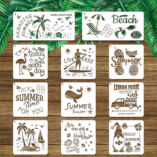 Tropical Hawaiian Stencils, Summer Theme Stencils, 11 Pieces for Painting on Wood, Reusable Paint Stencils Templates for Summer Beach DIY Notebook, Wood Signs, Greeting Cards, Canvas, Scrapbook, 2 Sizes