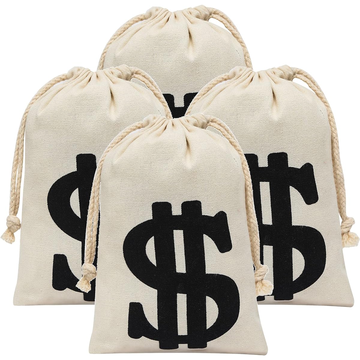 Eoocan 4 Pack Canvas Natural Money Bag Pouch with Drawstring Closure Toy Party Favor 6.3 x 9 Inch Money Bag Dollar Sign Bank Heist Pirate Cowboy Halloween Cosplay Theme Party