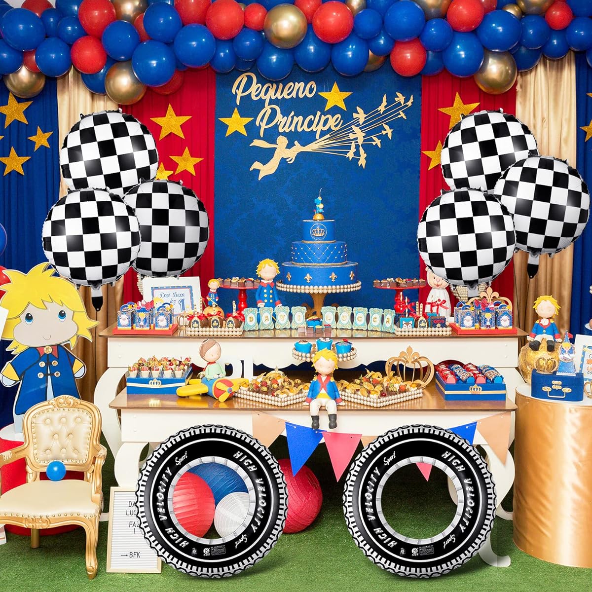 14pcs Car Decorations Racing Car Birthday Party Supplies with 4 Tire Tubes, Floats for Pool, 10 Balloons, 18" Race Car Balloons for Birthday Car Theme Party (Checkered Style)