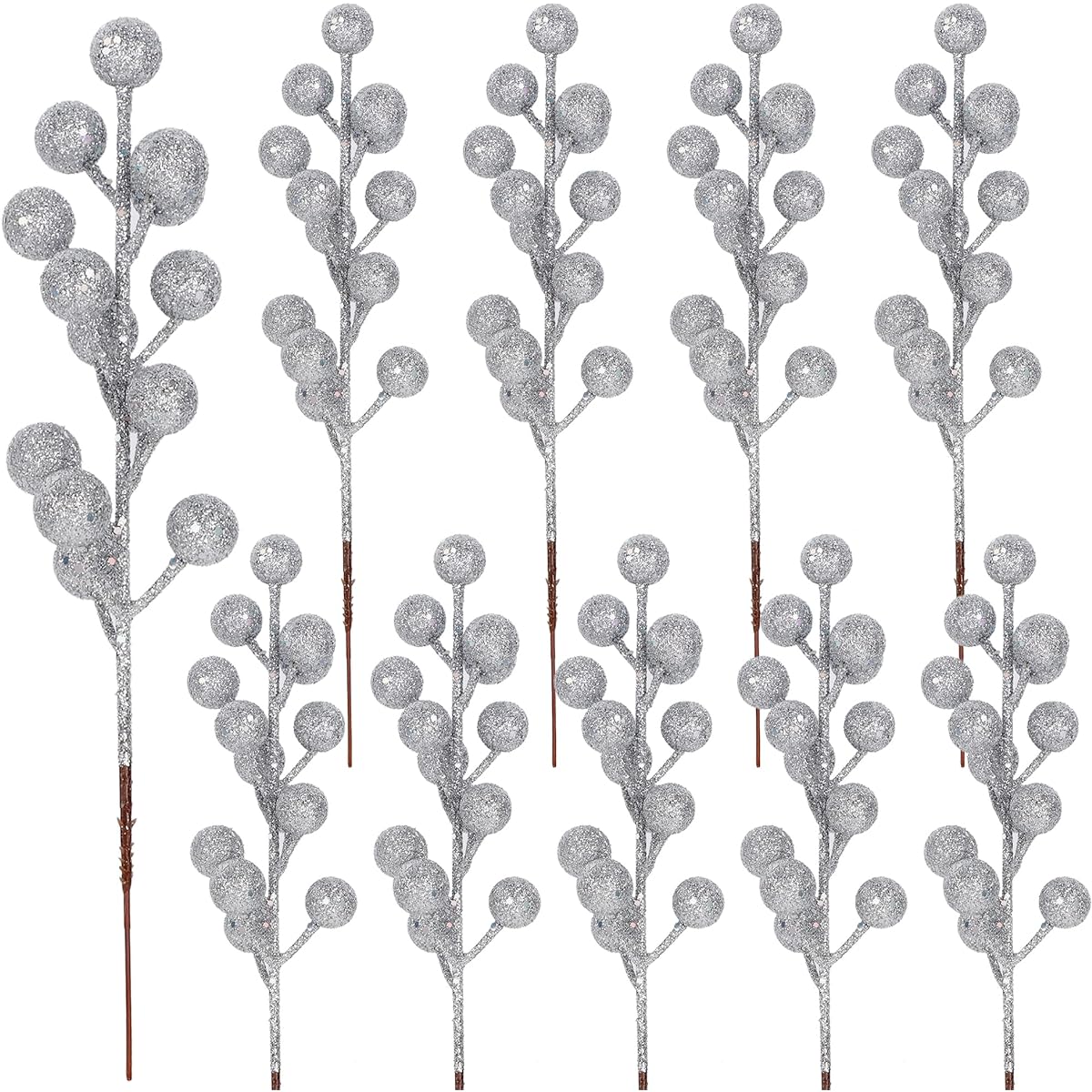 Winemana 24 Pack 8 Inch Christmas Glitter Fake Winter Berry Branches Artificial Sparkling Red Berry Ornaments for Christmas Tree DIY Crafts Wreath Garland Decorations (Silver)