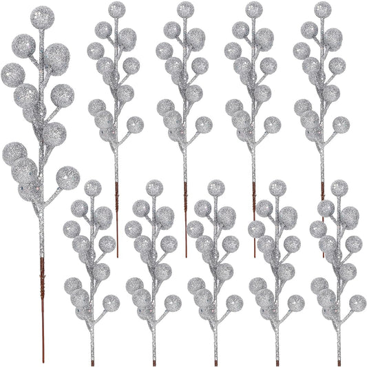 Winemana 24 Pack 8 Inch Christmas Glitter Fake Winter Berry Branches Artificial Sparkling Red Berry Ornaments for Christmas Tree DIY Crafts Wreath Garland Decorations (Silver)