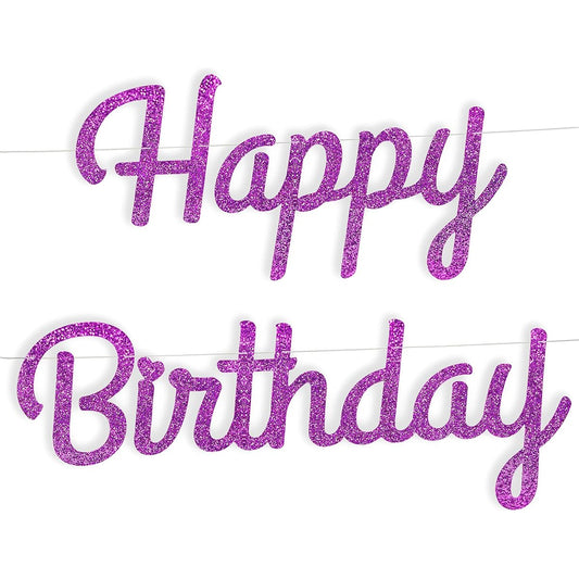 Apluselection Extra Large Glitter Purple Happy Birthday Banner, Elegant Sign In Script Reusable Paper Garland for Men Women Kids Adults Violet Party Decorations Supplies (XXL-Glitter Purple)