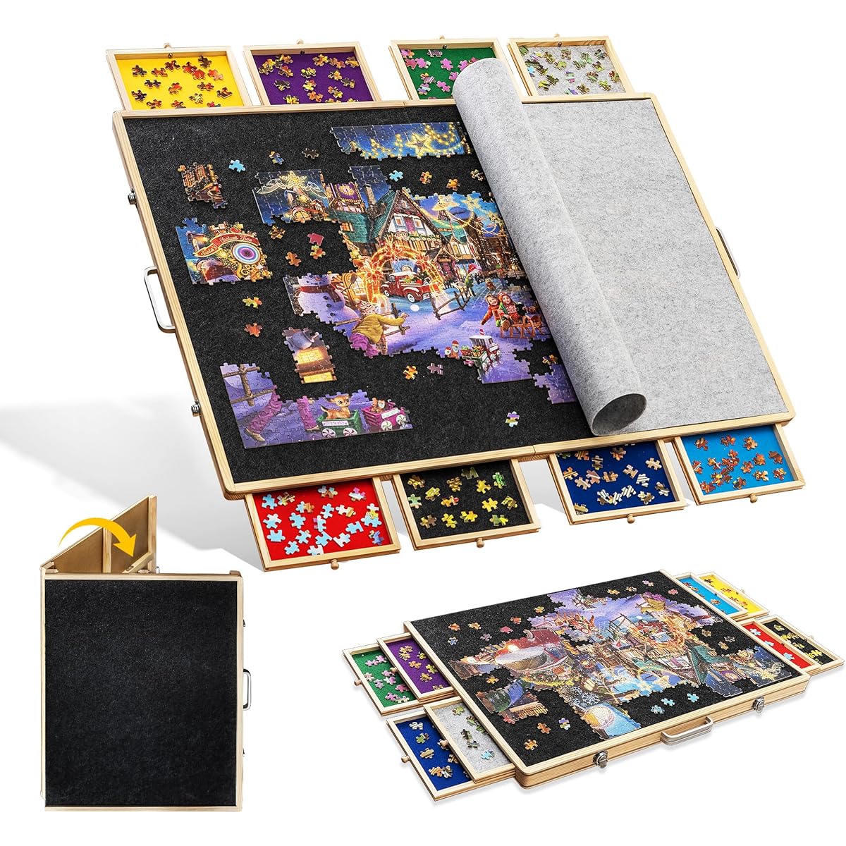 Tektalk 2000 Piece Foldable Puzzle Board with 8 Sorting Trays/Drawers Jigsaw Puzzle Table with Cover and Storage for 2000 1500 1000 500 Jigsaw Puzzle Pieces