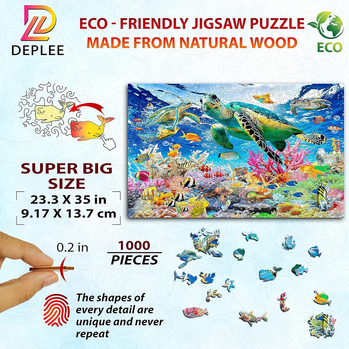 DEPLEE 1000 Piece Wooden Jigsaw Puzzle Sea Creatures Canvas Wall Art, Perfect Wooden Puzzle for Adults and Friends, 23.5x35 Inch, Super Big