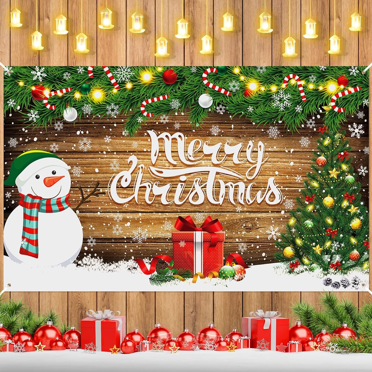 Merry Christmas Banner Decorations Wood Wall Christmas Backdrop Rustic Snowflake Christmas Banner Photo Booth Props Background Christmas Winter Holiday Party Supplies Home Decorations 73 x 44 Inch