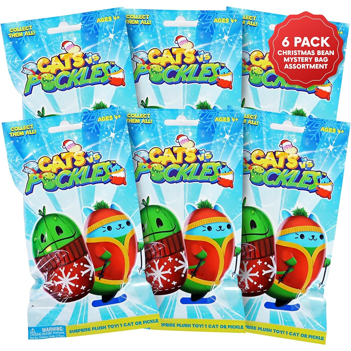 Cats vs Pickles Christmas Bean Mystery Bag 6-Pack | 4-Inch Bean Stuffed Animal | Stocking Stuffer | Blind Bags for Girls and Boys | Surprise Bean Collection | For Kids & Adults | 6-Pack