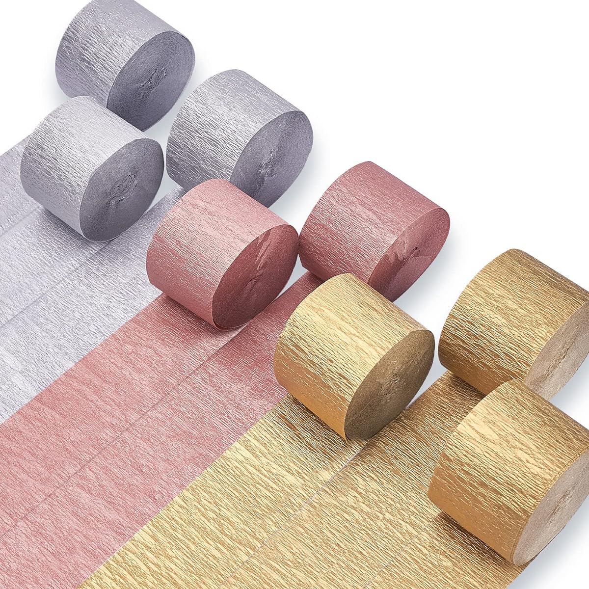 PartyWoo Crepe Paper Streamers 8 Rolls 70ft Metallic Gold Silver Rose Gold Party Streamers Party Decorations Birthday Decorations Wedding Decorations (1.8" x 82ft)