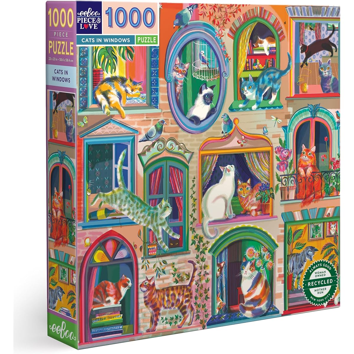 eeBoo Piece & Love: Cat in Window - 1000 Piece Puzzle - Adult Square Jigsaw Puzzle 23x23 with Image Reference Insert, Glossy Pieces