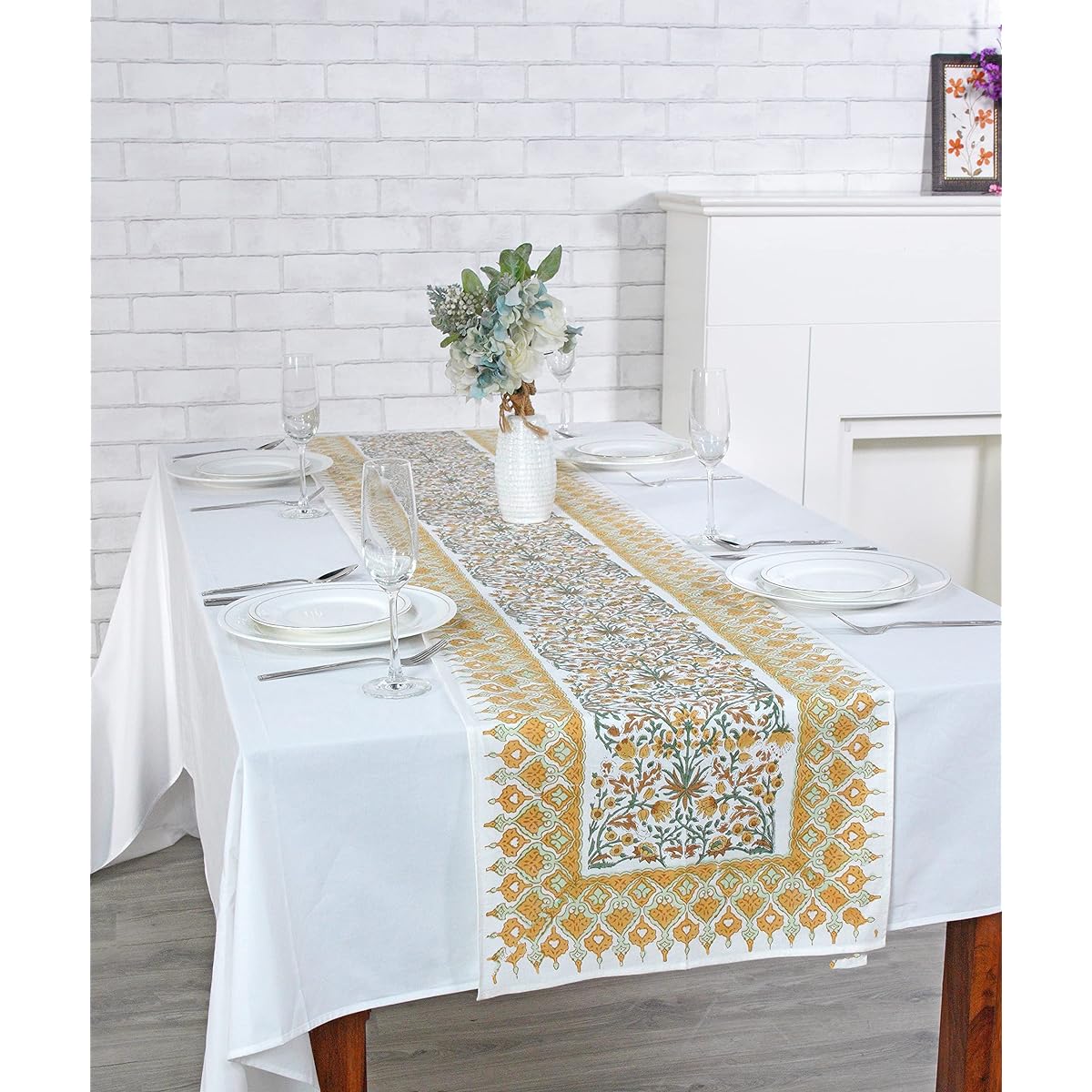 Ridhi Goldenrod Yellow Hand Block Print Cotton Table Runner Garden Farmhouse Buffet Tabletop Cover for Home Kitchen Dining Decor Party Family Dinner Wedding Thanksgiving Christmas (16x90 inches)