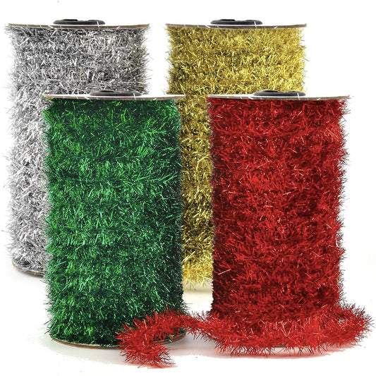 Tinsel Garland, 4 Rolls Thin Glitter Metallic Tinsel Garland Twisted Holiday Decorations for Christmas Party, Perfect for Sparkling Indoor & Outdoor Christmas Tree Decorations, 200 Yards Total