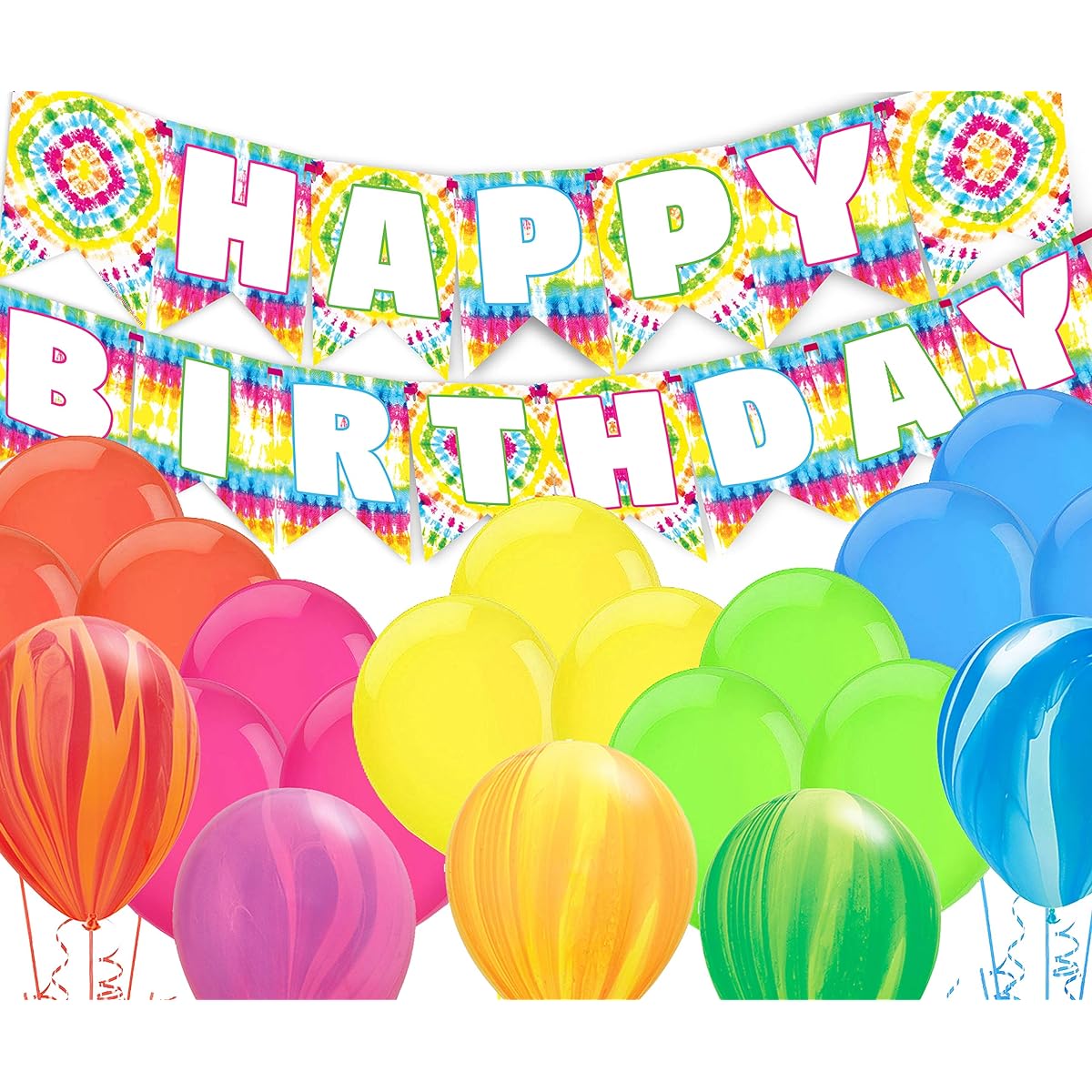 Tie Dye Party Supplies - Tie Dye Happy Birthday Banner - 20 Balloons - Rainbow Party Supplies - Tie Dye Party Decorations - BB