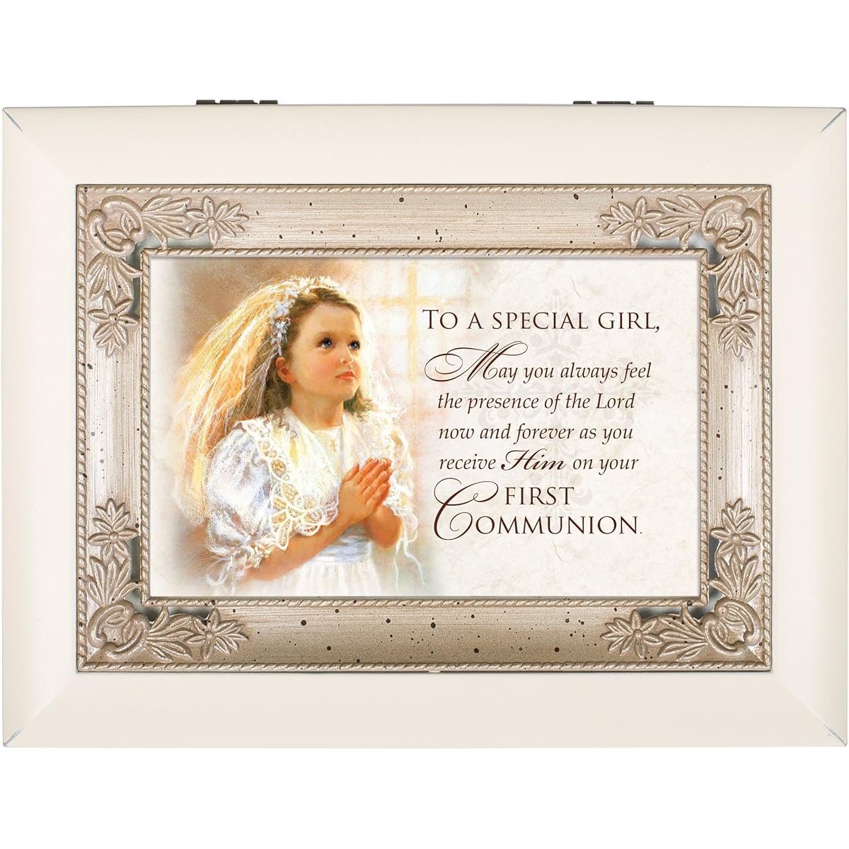 First Communion Special Girl Veil Glossy Ivory Silver Inlay Jewellery Music Box Plays song Ave Maria