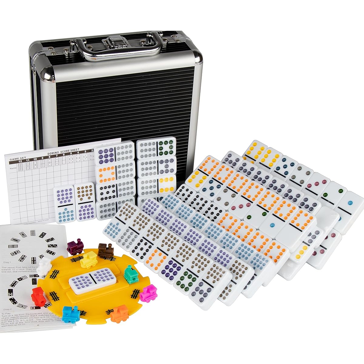 Dominoes Set for Adults, Double 15 Dominoes Set Double 15 Color Dot Mexican Train Dominoes Set, Dominoes with Aluminum Case, 136 Tiles (for 2-10 players)