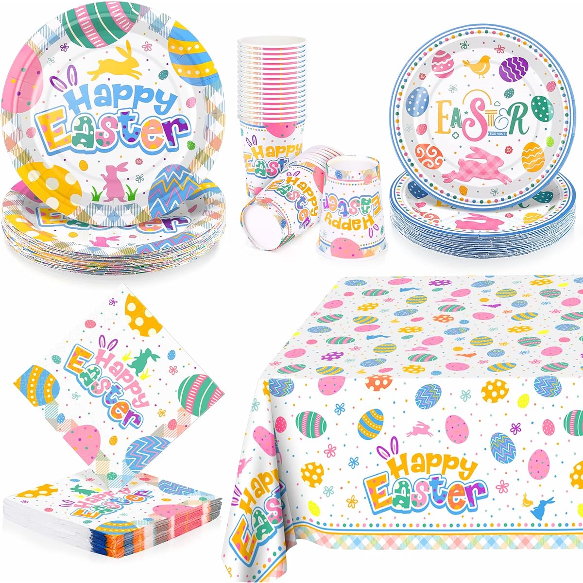 durony 97 Piece Easter Colorful Tableware Set Plastic Tablecloth Paper Plates Cups Napkins Easter Spring Holiday Party Tableware Supplies Serves 24