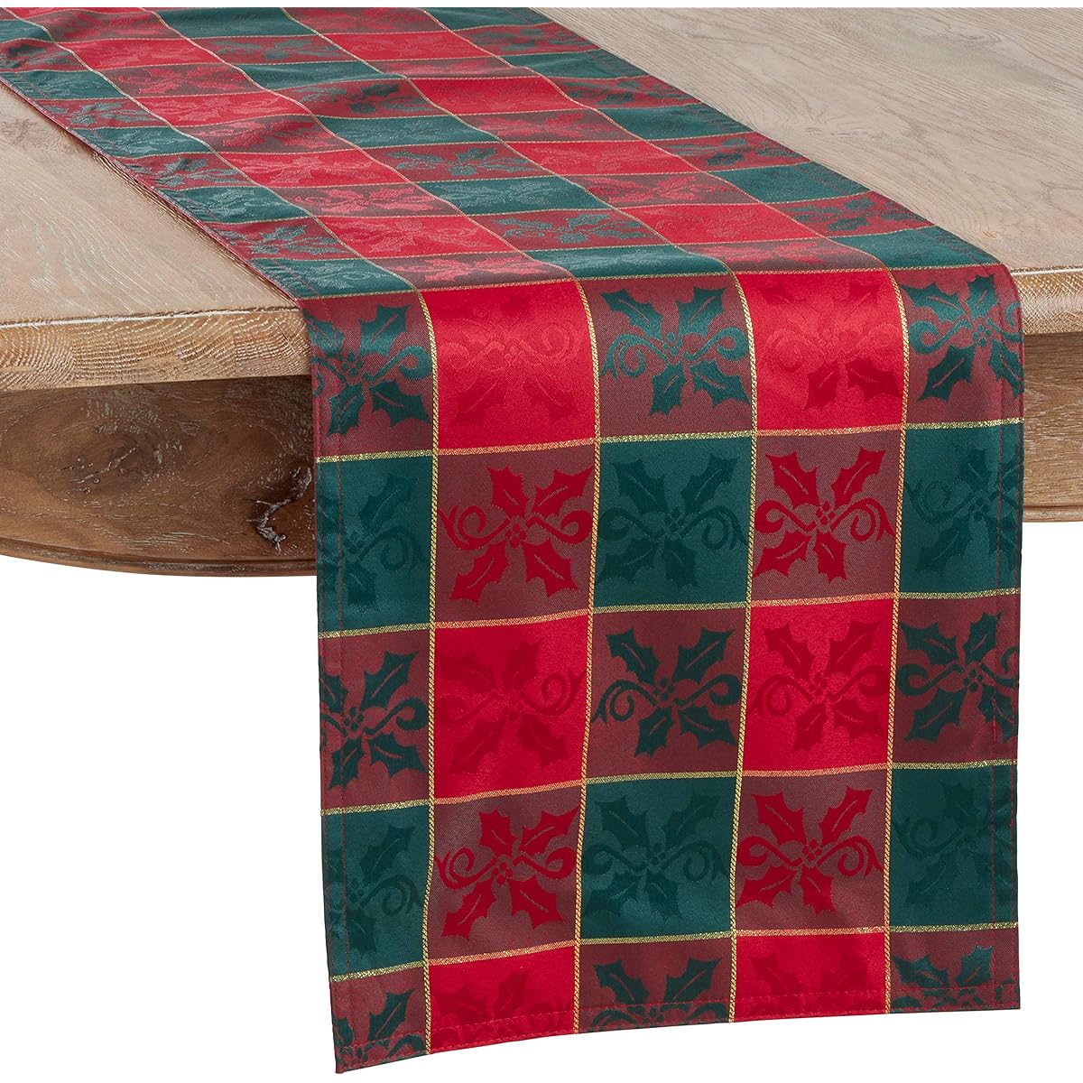 SARO LIFESTYLE Royal De Noel Checkered Design Holiday Runner 14" x 120", Red/Green