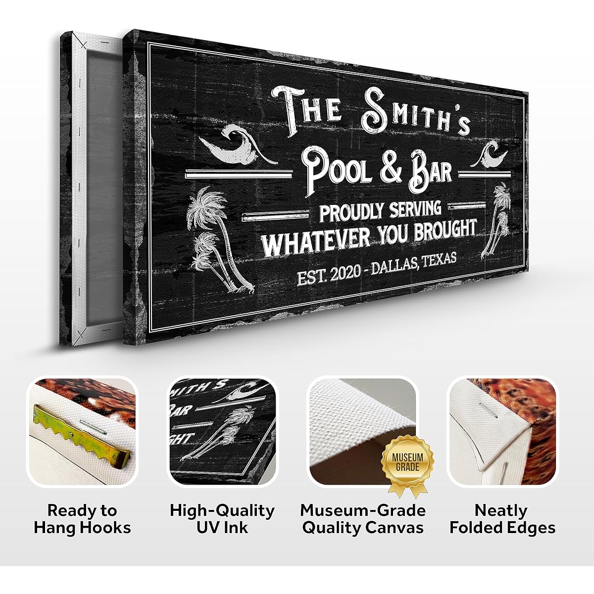 Tailored Canvas Bar Sign Custom Decor - Pool and Bar Proudly Serving Whatever You Brought - Canvas Wall Art Printable and Personalized for Man Cave Kitchen Backyard Pub Diner - Rustic Black 48x24 Inch