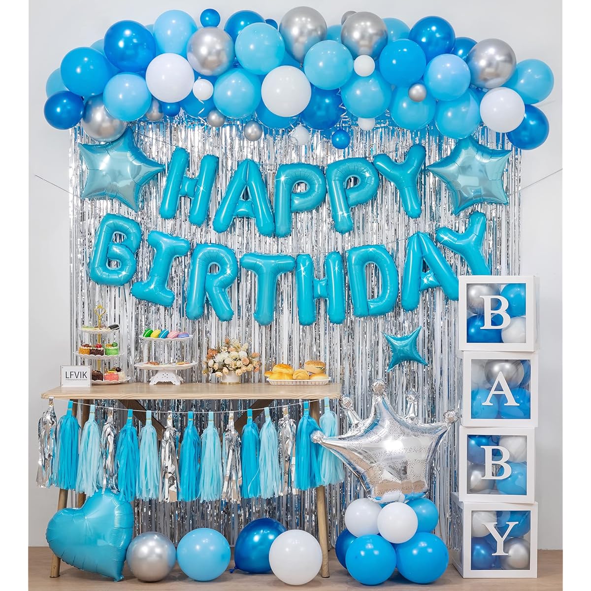 LFVIK Blue Birthday Decoration Balloon Arch Kit 68 Pieces Balloons/Banner/Silver Foil Background/Stars/Tassels/Baby Shower Uni