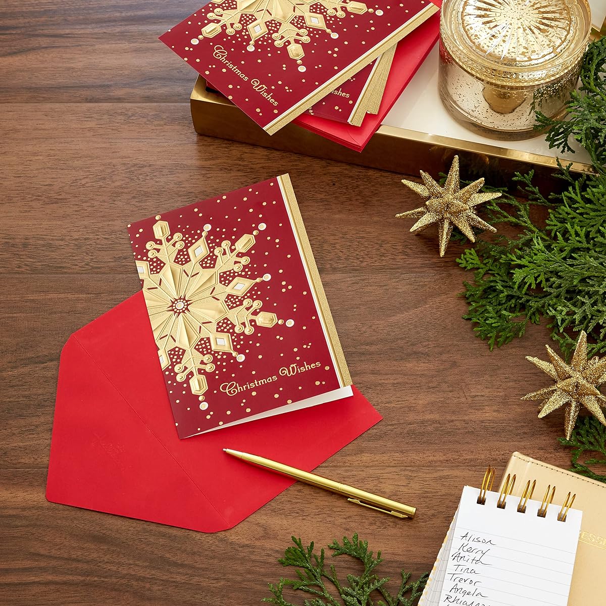 Hallmark Boxed Holiday Cards Red and Gold Snowflakes (40 Cards with Envelopes)