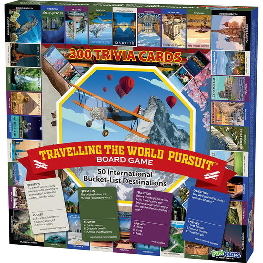 Travelling The World Pursuit - Trivia Board Game. Kids, Teens, Adults. Education. Top 50 World Travel Destinations. Eiffel Tower, Colosseum, Giza, Vatican, Taj. Scout Game. Family Game. Ages 8-99