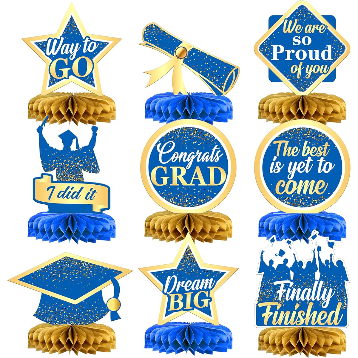 KatchOn 2024 Table Graduation Centerpieces Blue and Gold 9-Pack | Congrats Grad Honeycomb Centerpieces | Graduation Centerpieces 2024 Blue and Gold Graduation Decorations Class of 2024