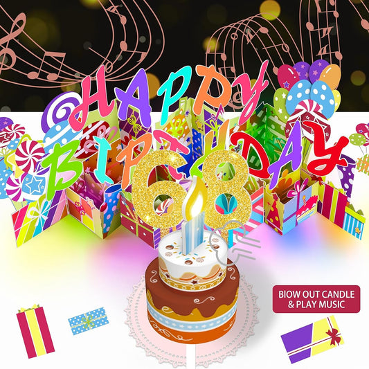 3D Musical 68th Birthday Pop Up Card, 68th Birthday Gift with Fanable LED Light Candle and Happy Birthday Song, Big Birthday Cake Pop Up Greeting Card for 68 Year Old Woman Man Dad Mom Husband Wife