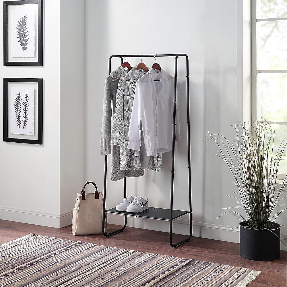 Sunny Point Hanger Rack with Shelf Single Stylish Coat Clothes Rack Clothes Storage Simple Space Saving Sturdy Slim Wardrobe Steel (Black)