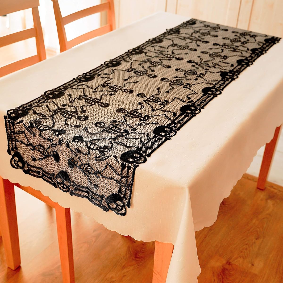 AHOLTA DESIGN Lace Black Halloween Table Runner Skeleton Halloween Table Runner Halloween Party Scary Movie Night Skeleton Fireplace Mantle Scarf 18x79 Inch Halloween Table Runner 18x79 Inch
