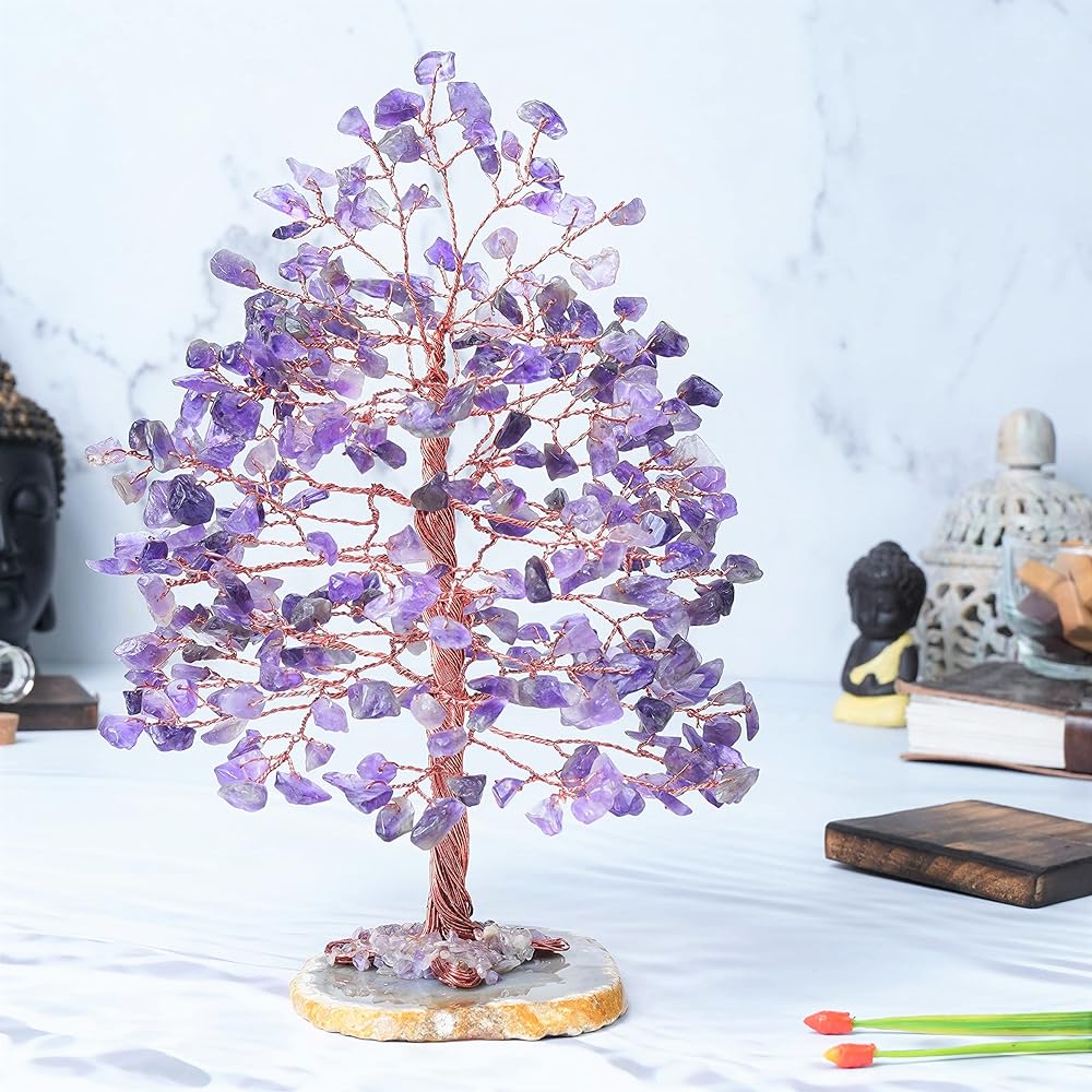 Crocon Amethyst Crystal Tree of Life - Geode Agate Slice Base, Positive Energy Chakra Tree, Handmade Gem Tree, Feng Shui Decoration - Copper Wire Money Bonsai, Healing Stone Gem, Luck, Spiritual Gift