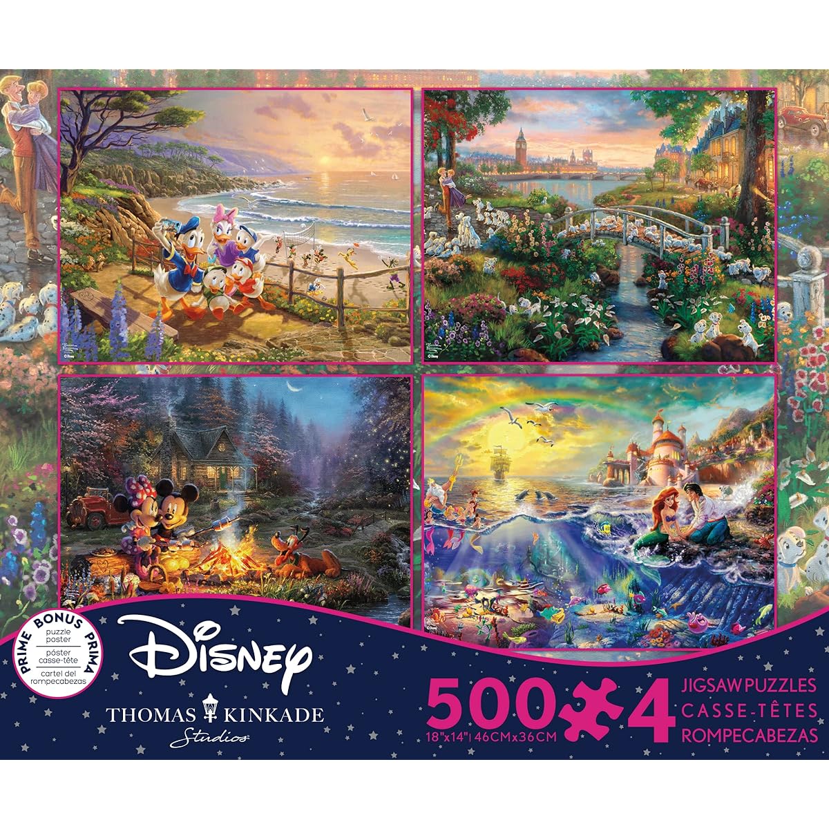 Ceaco - 4 in 1 Multipack - Thomas Kinkade - Disney Dream Collection - Donald & Daisy Duck, 101 Dalmatians, Mickey, Minnie, Pluto, Little Mermaid - (4) 500 Piece Jigsaw Puzzles