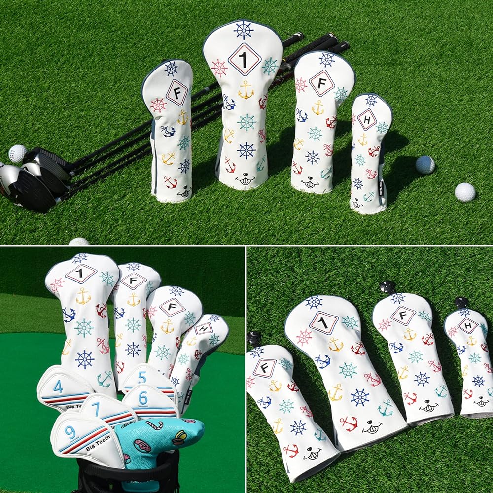 Big Teeth Head Cover Set Golf Club Head Cover Driver Cover (460CC) Fairway Wood Cover Utility Cover for DR FW UT with Number Tag Wood Cover Helm Sea
