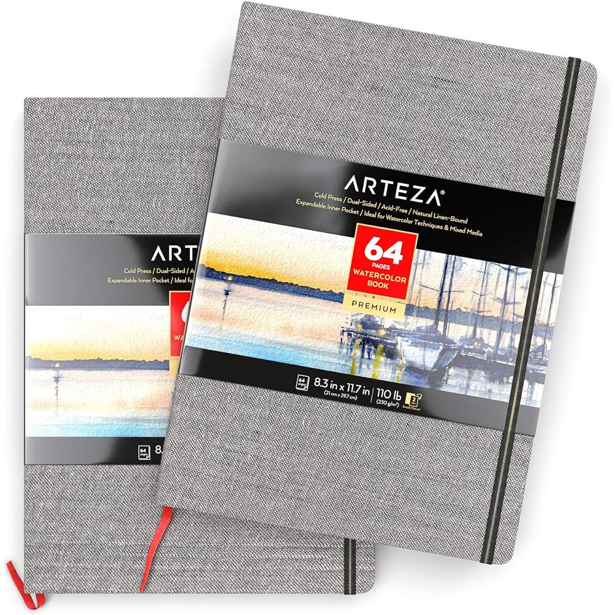ARTEZA 8.3x11.7" Watercolor Book, 2-Pack Watercolor Sketchbooks, 64 Pages Total, 110lb/230gsm, Linen Binding with Bookmark Ribbon and Elastic Straps, for Watercolor and Mixed Media