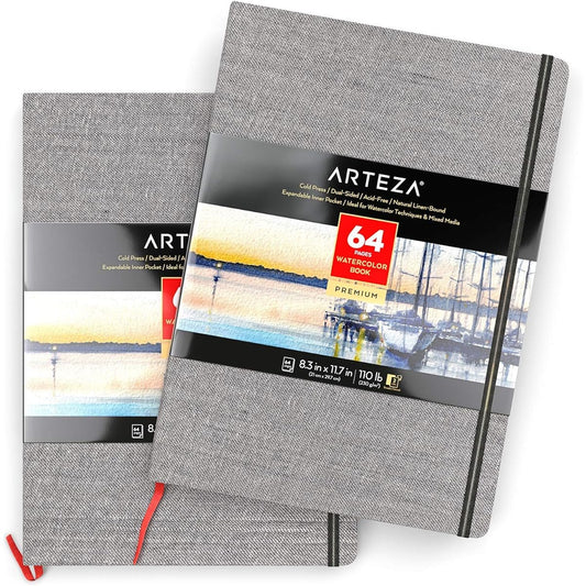 ARTEZA 8.3x11.7" Watercolor Book, 2-Pack Watercolor Sketchbooks, 64 Pages Total, 110lb/230gsm, Linen Binding with Bookmark Ribbon and Elastic Straps, for Watercolor and Mixed Media