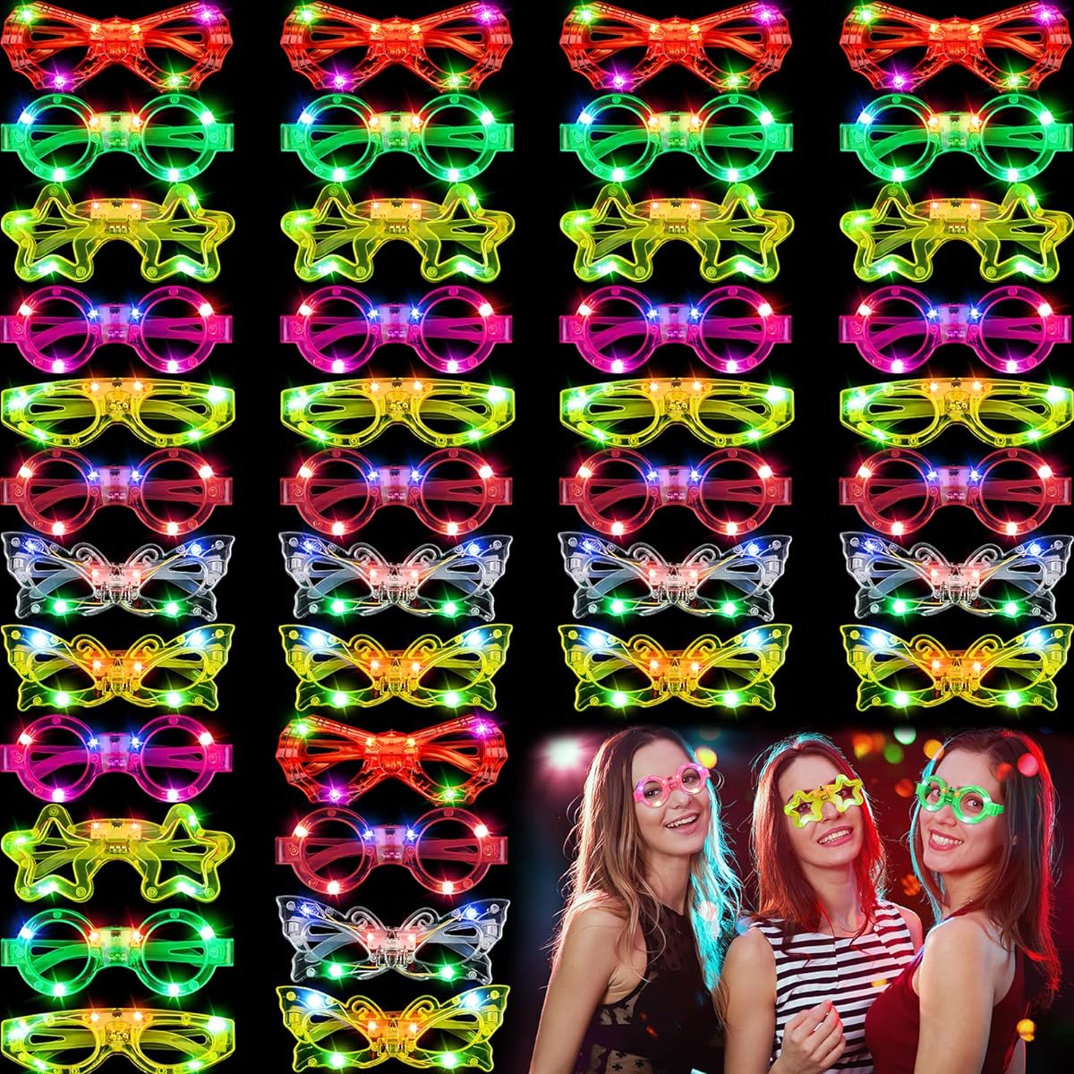 Jerify 50 Pack LED Glow in the Dark Glasses Party Favors Halloween Light Up Glasses Neon Glasses Glow Theme Party Accessories Birthday Carnival Party Supplies