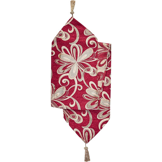 (Burgundy) - Chenille Chateau Vintage Floral Design 33cm X 180cm Table Runner, Colour Burgundy