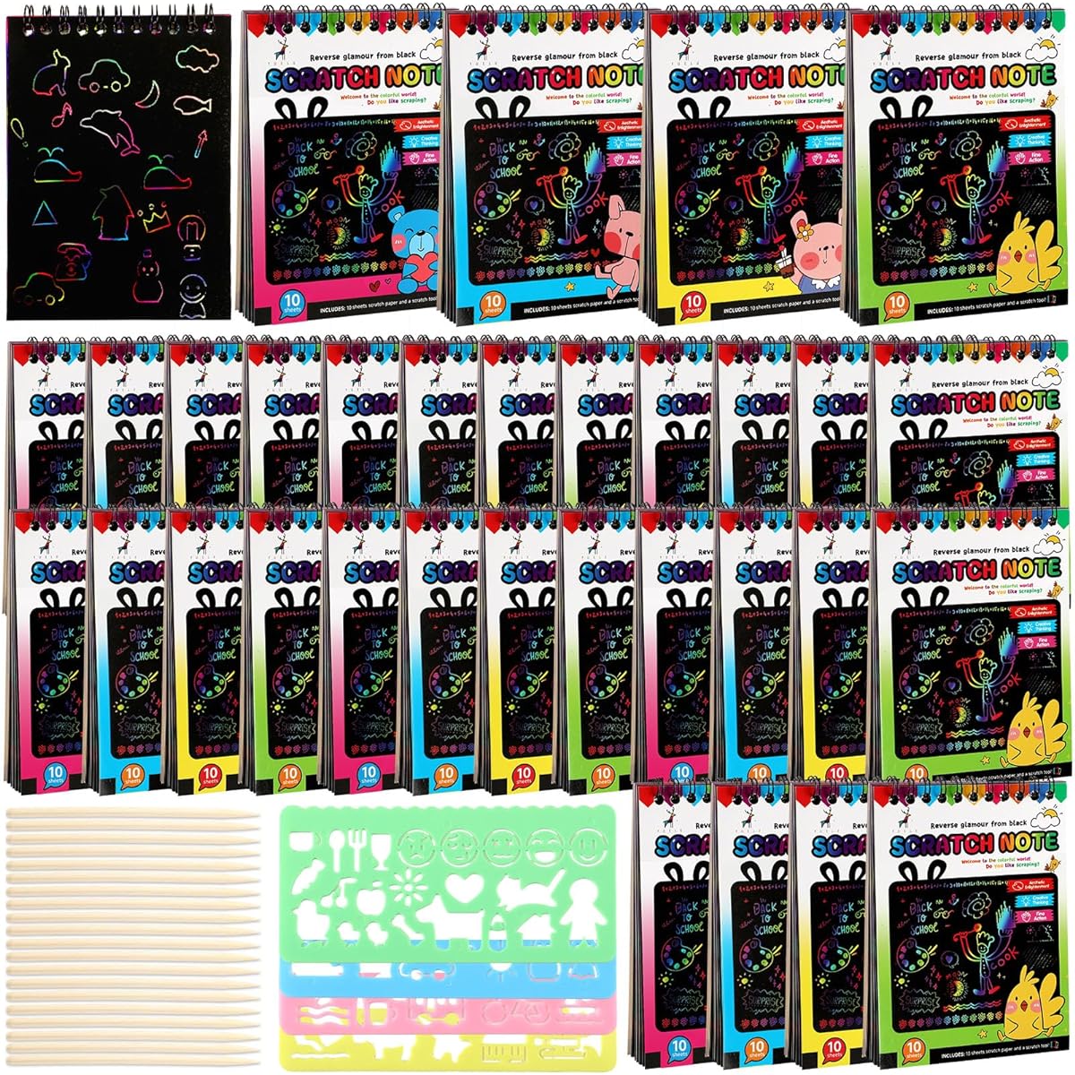 Shappy Scratch Paper Notes Notepad for Kids Rainbow Party Favors Coloring Book Art Party Supplies Kit with Stylus and Drawing Stencils for Ages 3 and Up Girls Boys Birthday (36 Sets)