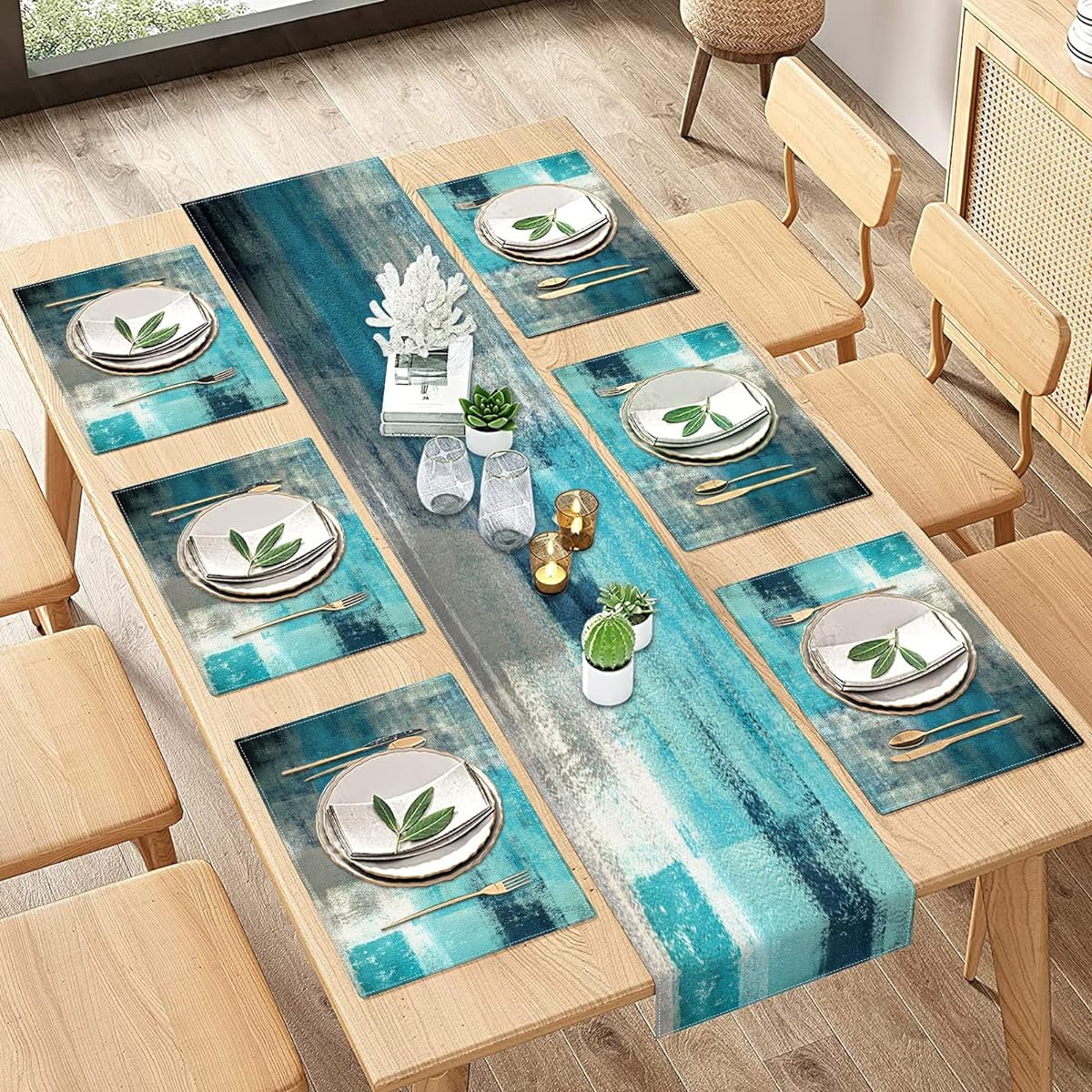 Farmhouse Table Runner Placemat Set of 6 Abstract Green Blue Gray Teal Painting Art Dining Table Decoration for Daily Use (Table Runner 72 Inches Length 6 Placemats)