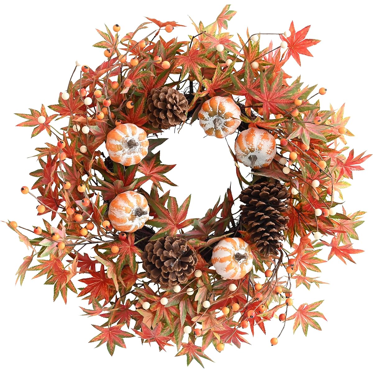 Pumpkin Pinecone Wreath Fall Wreath for Front Door 24 Inch Berry Artificial Maple Leaves Wreath Fall Harvest Wreath Thanksgiving Halloween Decoration Indoor Outdoor Window Hanging