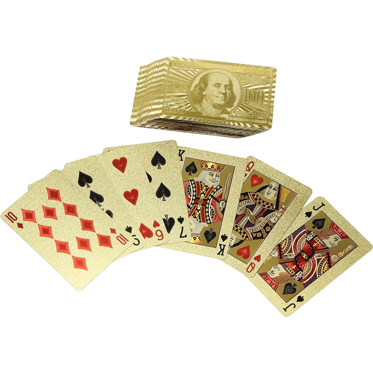 Rok 24K Gold 100 Dollar Bill Foil Flexible Waterproof Plastic 52 Poker Playing Card Deck for Table Games 1 Pack Gold