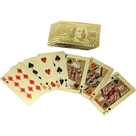 Rok 24K Gold 100 Dollar Bill Foil Flexible Waterproof Plastic 52 Poker Playing Card Deck for Table Games 1 Pack Gold