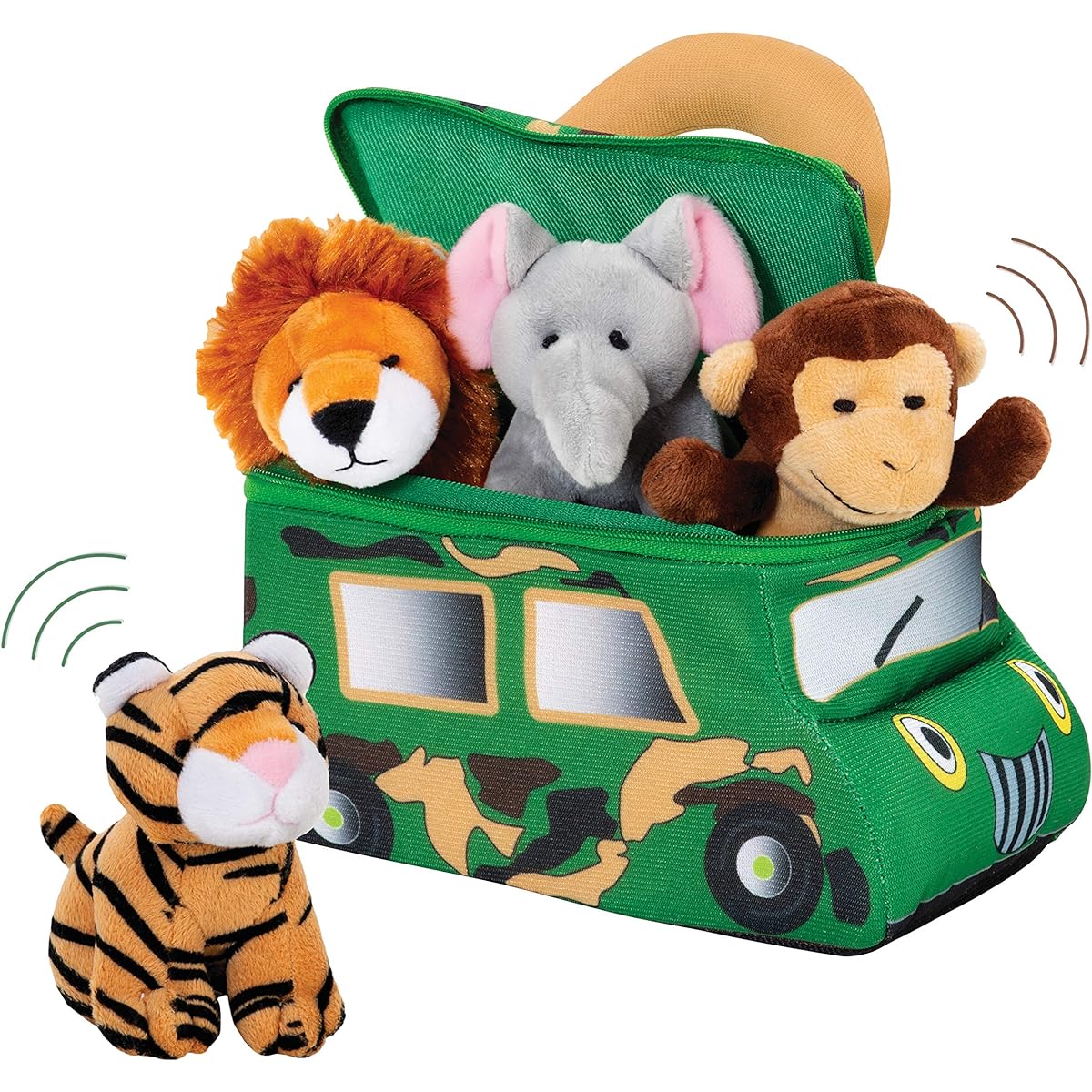 Bundaloo Plush Jungle Animal Set - Soft Stuffed Animals with Safari Truck Carrier - Talking Plush Toys for Babies, Kids, Toddlers - Cute Mini Tiger, Lion, Monkey, Elephant with Realistic Sounds