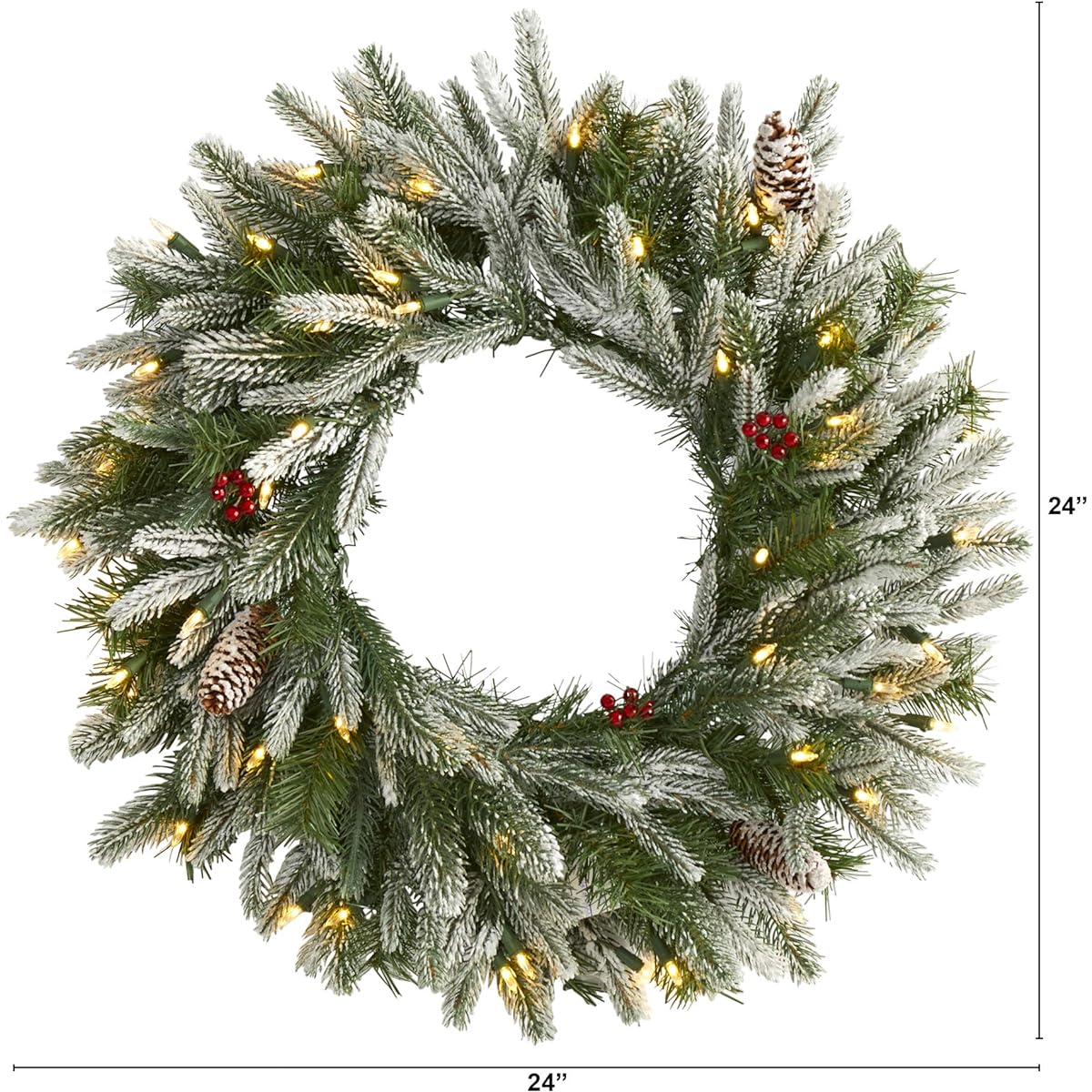 Nearly Natural 24" Snowy Artificial Christmas Wreath with 50 Warm White LED Lights and Pine Cones