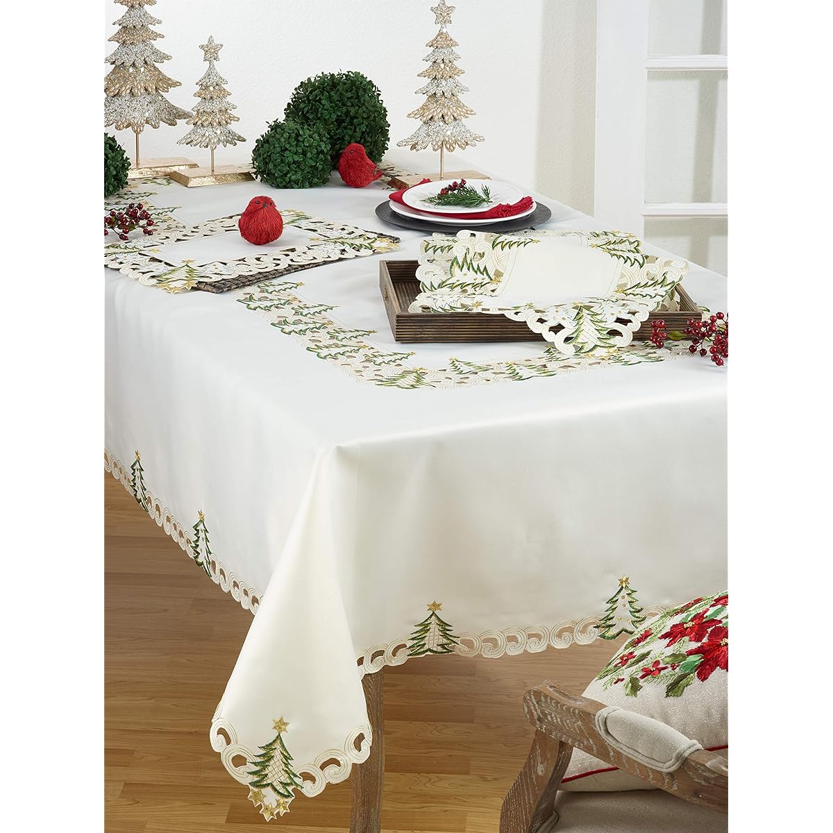 SARO LIFESTYLE QX227.I1654B Pandro Collection Polyester Holiday Runner Christmas Tree Design 16" x 54" Ivory