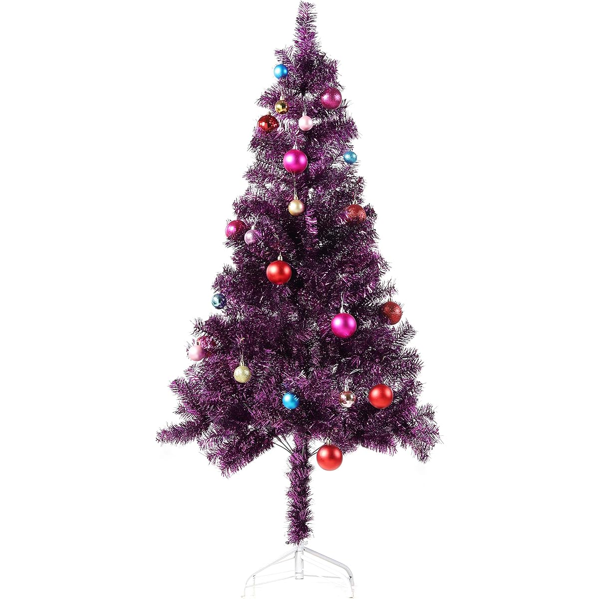 Wellwood 5' Tinsel Christmas Tree 24ct Assorted Ornament Set with Metal Stand and Easy Assembly, Purple