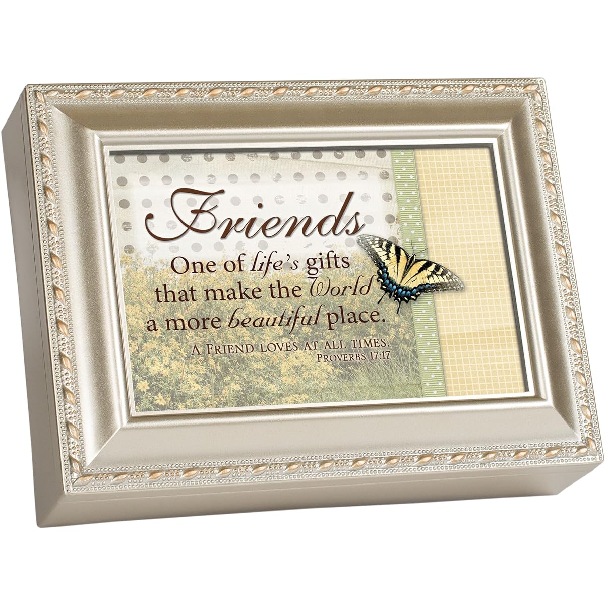 Cottage Garden Friends Champagne Silver Music Box/Jewelry Box Plays Amazing Grace