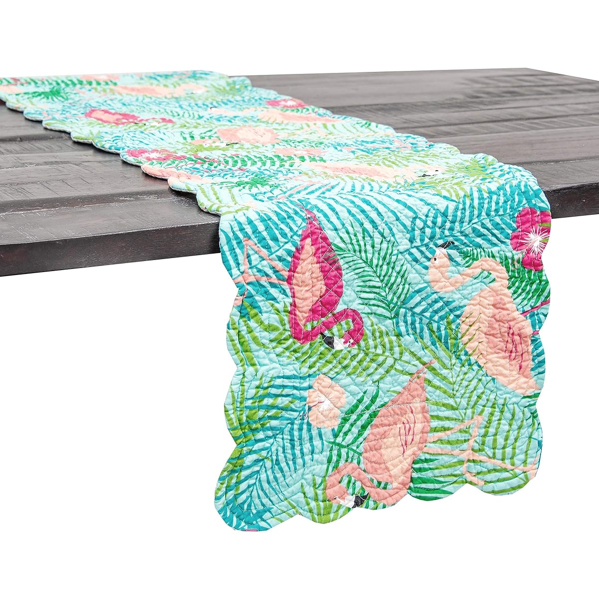 C&F Home Isla Tropics Flamingo Tropical Coast Beach Sea Life Palm Leaf 14" x 51" Table Runner Cotton Quilted Reversible Table Runner Green