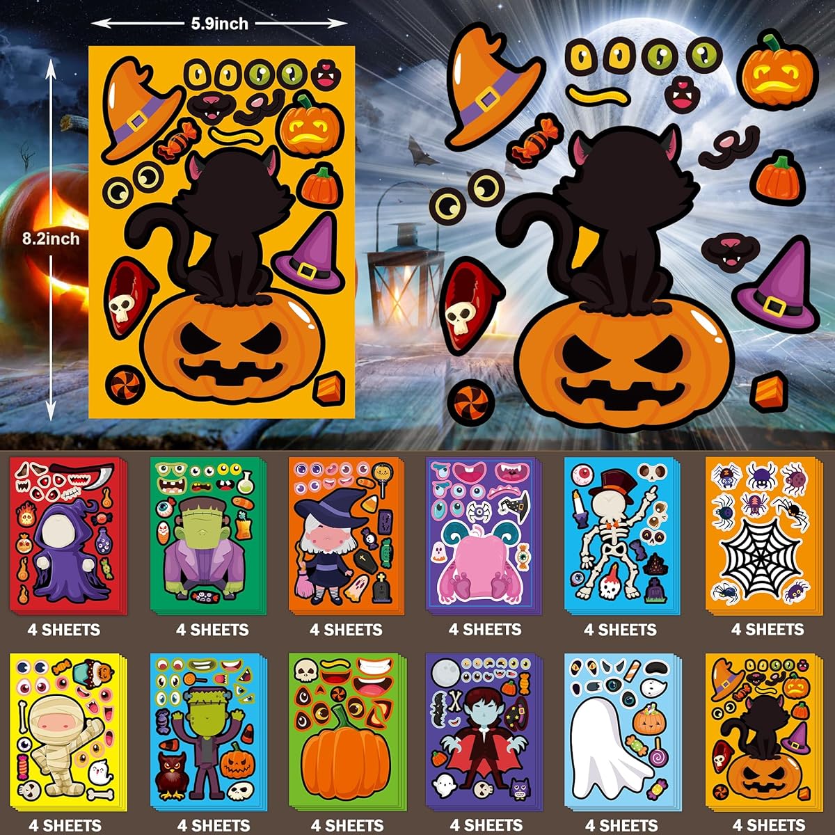 48pcs Halloween Face Stickers for Kids, Halloween Day Stickers Book Crafts, 12 Different Styles, Birthday Party Supplies, Party Decorations, Make Your Own Stickers, Festival Reward Gifts, Art Crafts
