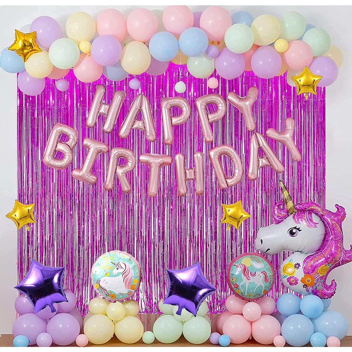 TOYXE Rubber Happy Birthday Unicorn Theme Backdrop Curtain Pastel Balloon Set 74 Pieces