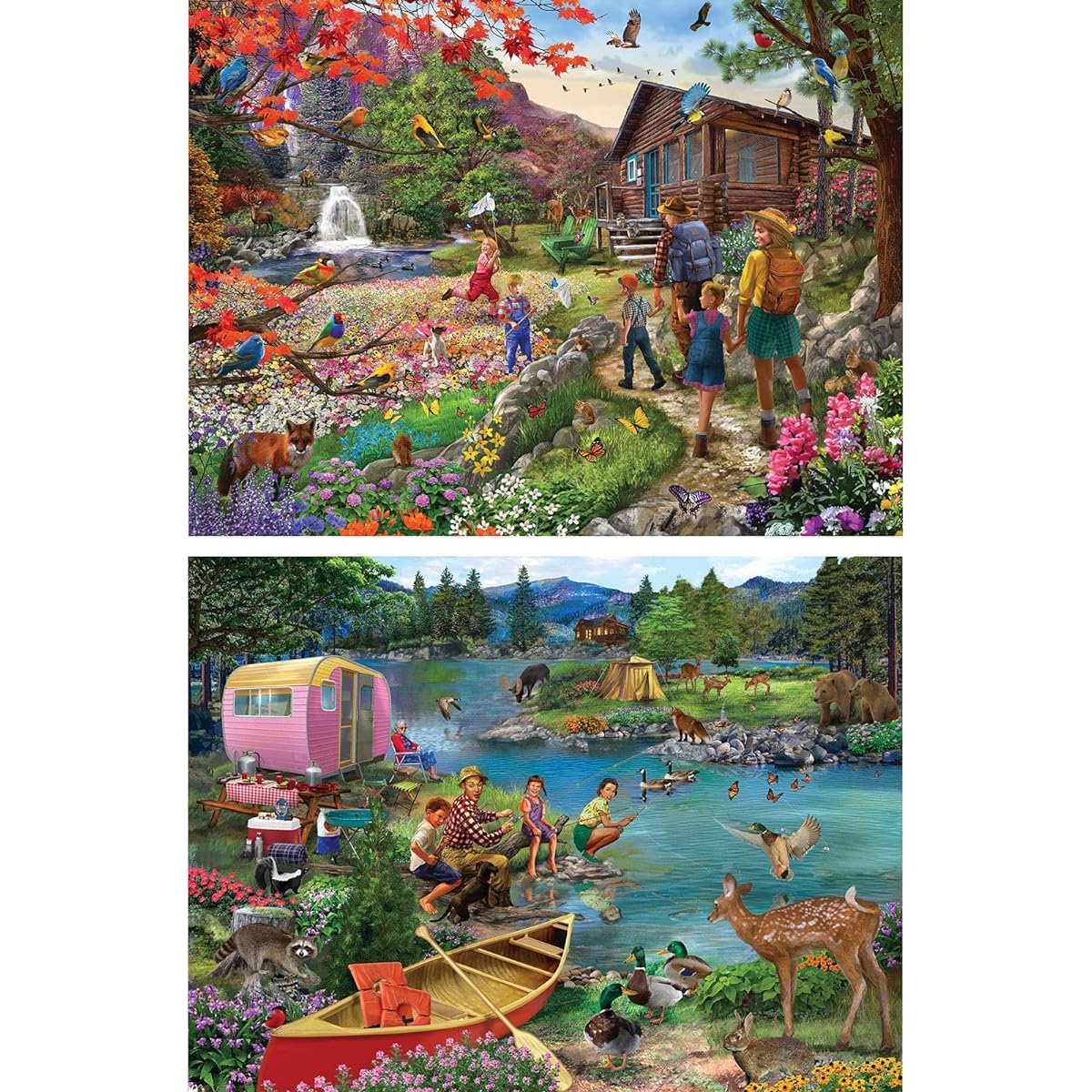 Bits and Pieces - Set of 2 300 Piece Jigsaw Puzzles for Adults - Puzzle Dimensions 18" x 24" - 300 Piece Wildflower Mountain Fun Fishing Jigsaw by Artist Bigelow Illustrations