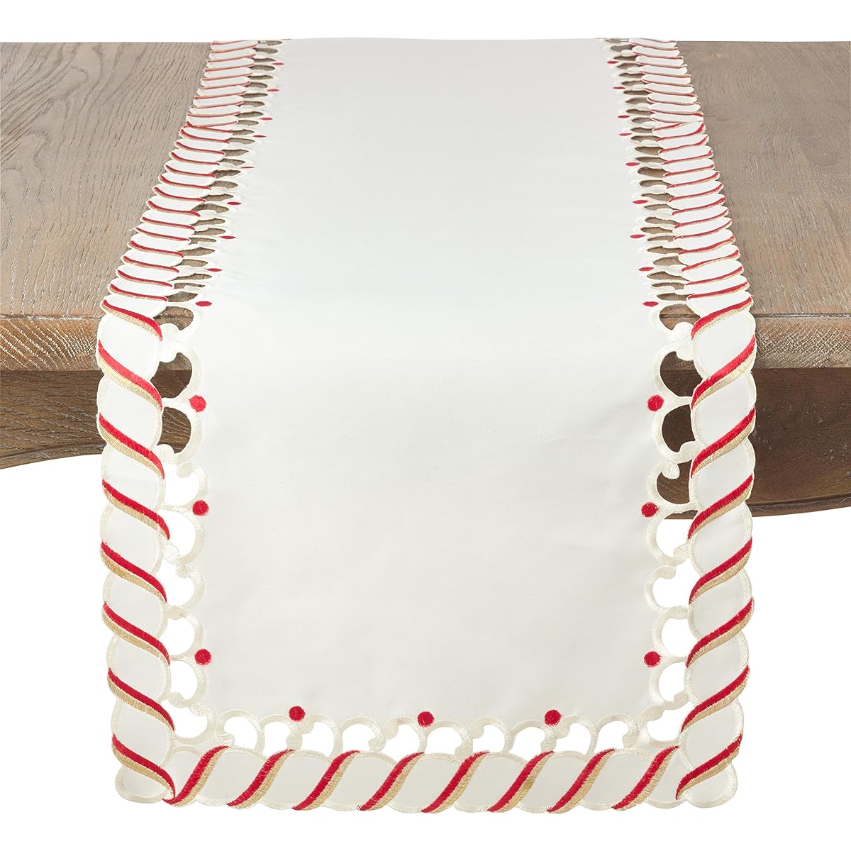 Ivory White and Red Holiday Christmas Candy Cane Table Runner 16" x 54" Rectangle 100% Polyester (1 Piece)